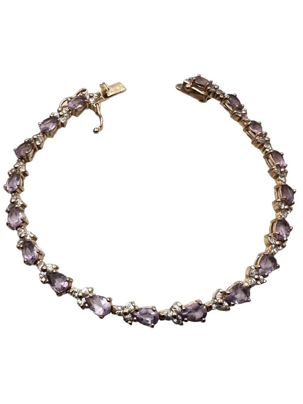 Tennis Bracelet Gold Plated Sterling Silver Purple Clear Cubic Zirconia 7 Inch